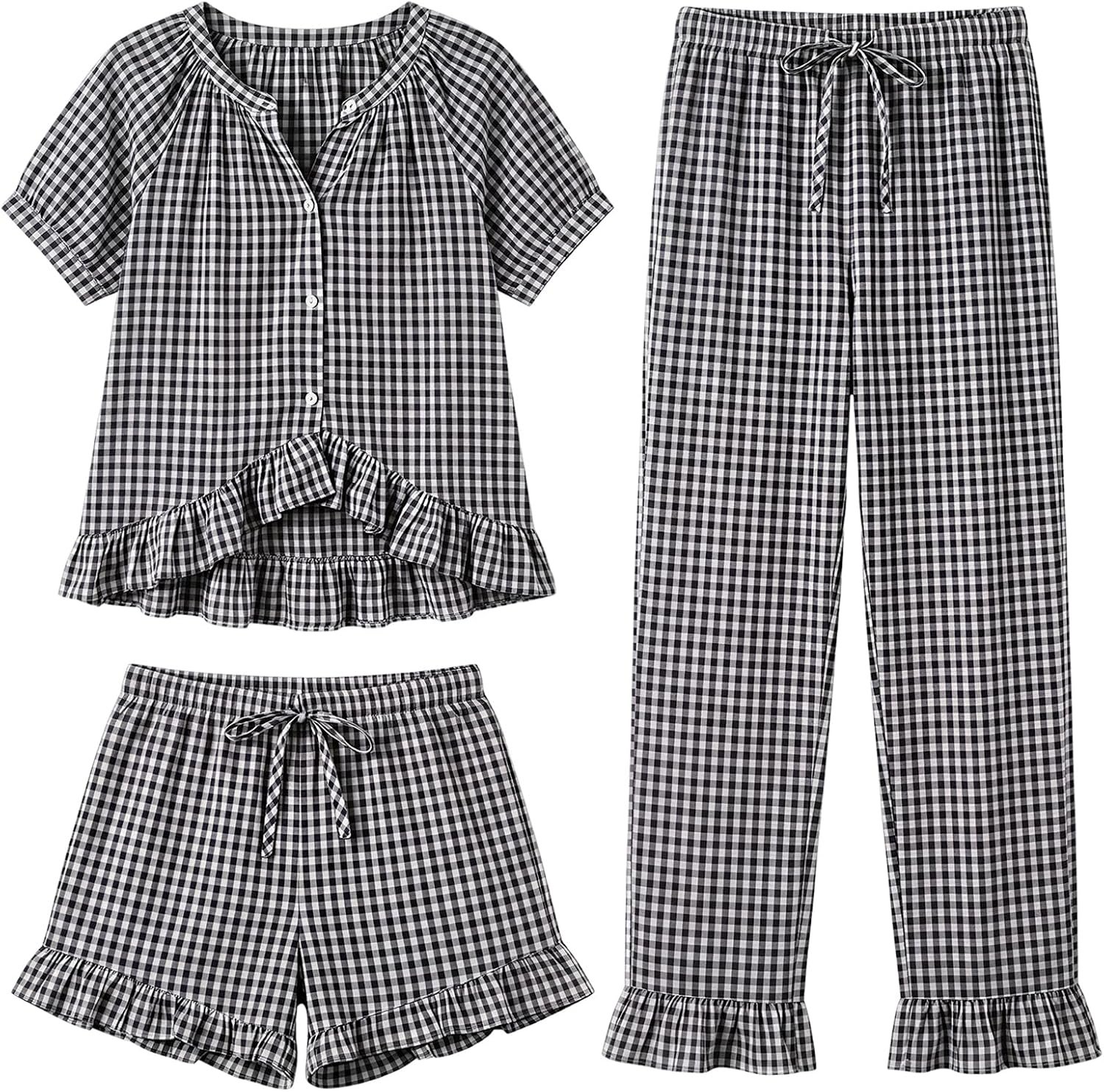 Women's Three Piece Gingham Pajama Set with Ruffle Top and Shorts