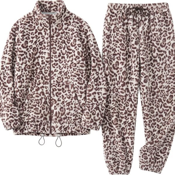 Women's Fleece Stand Collar Zipper Pajama Set with Kangaroo Pocket