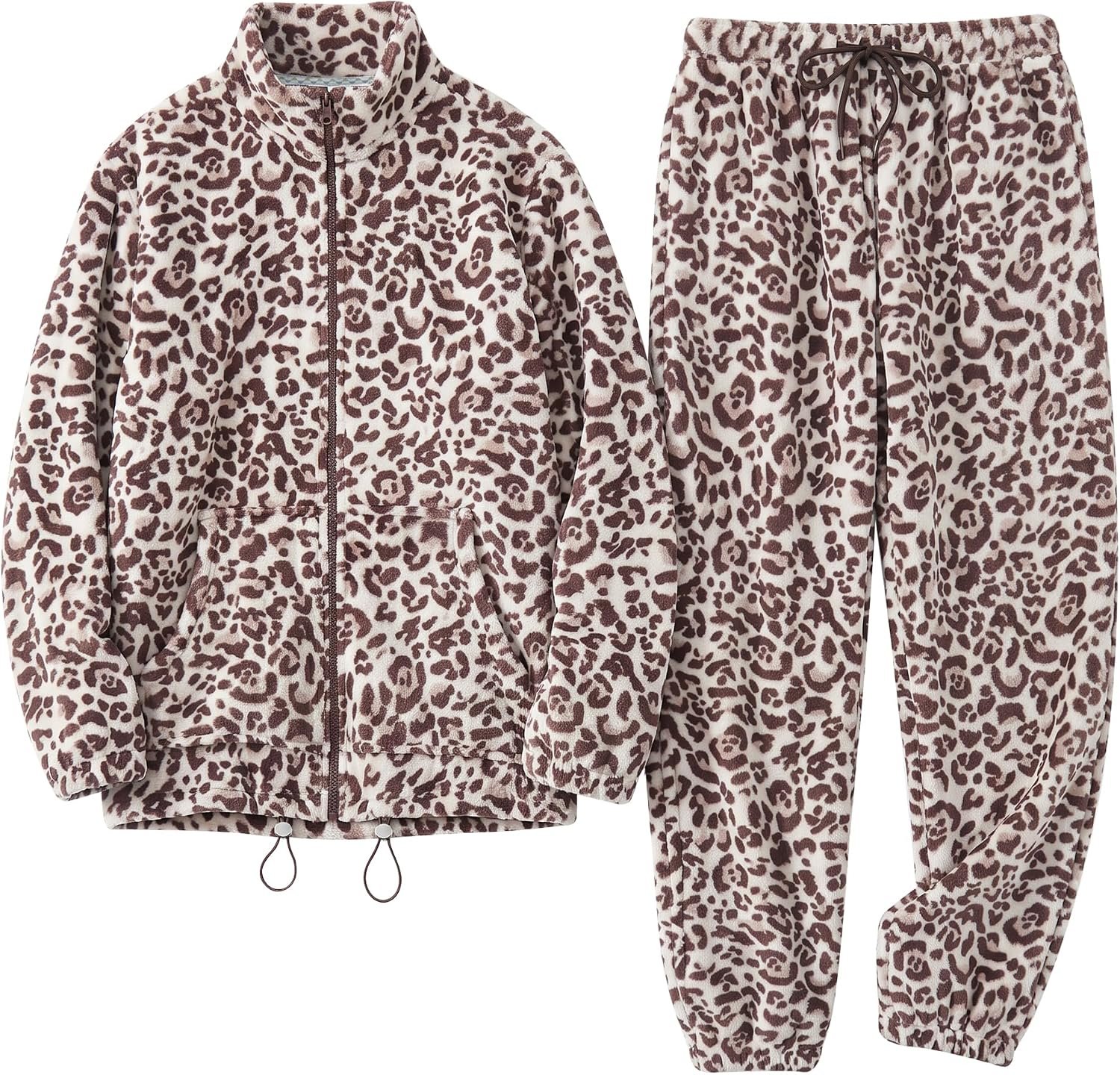 Women's Fleece Stand Collar Zipper Pajama Set with Kangaroo Pocket